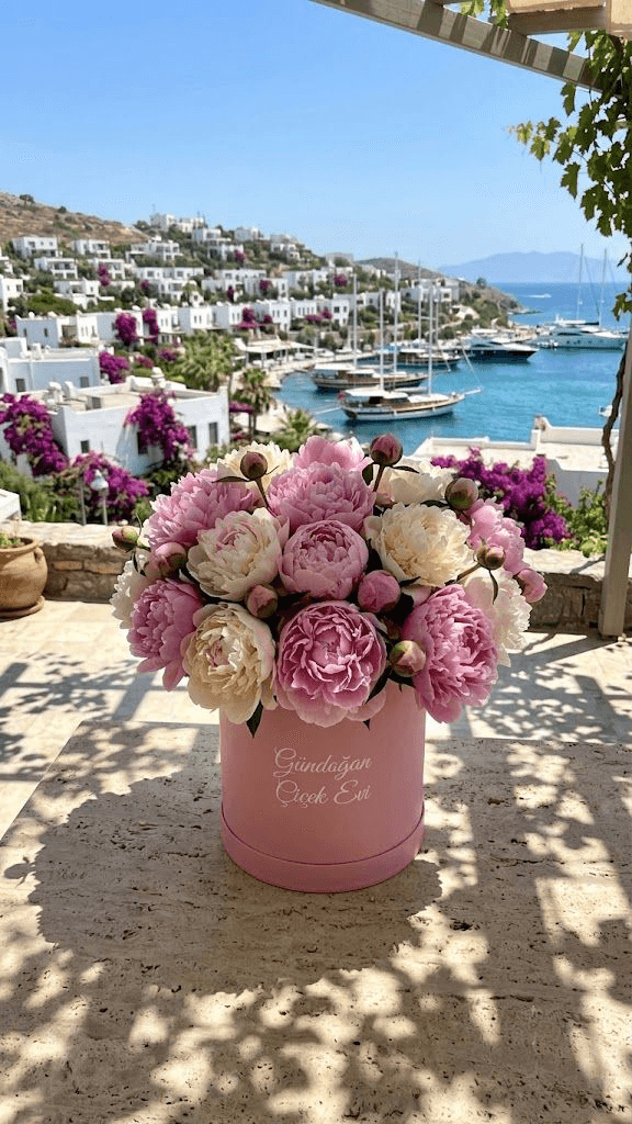 Bodrum Gündoğan çiçek evi somon renkli şakayık buketi