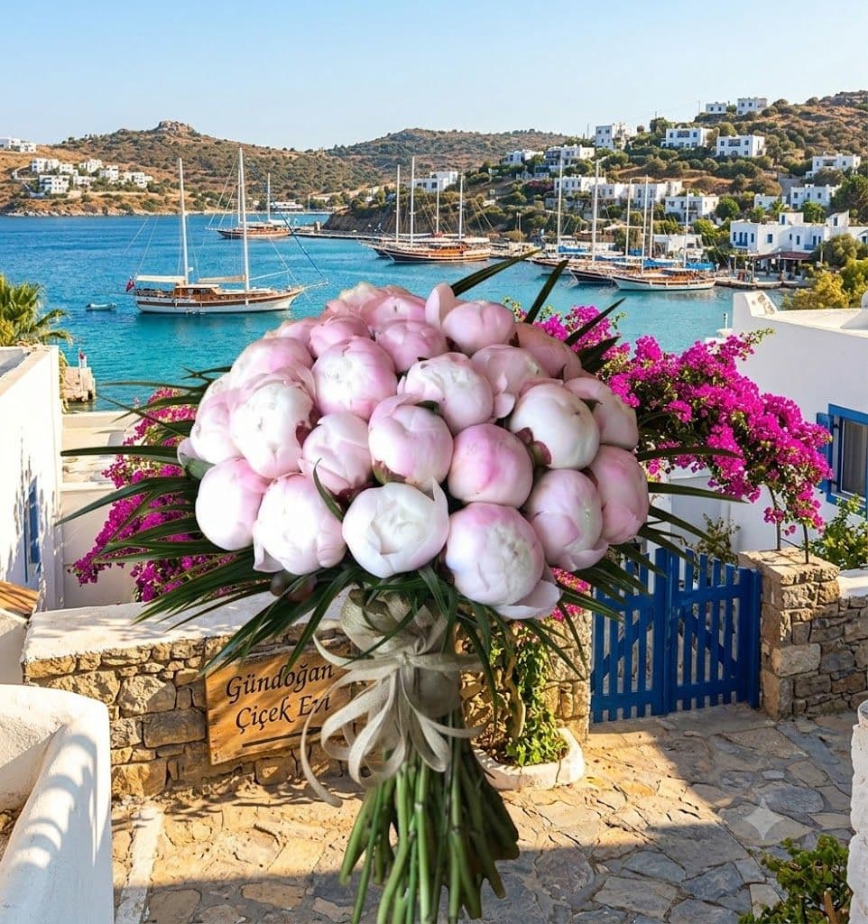 Bodrum Gündoğan çiçek evi beyaz ve pembe şakayık buketi